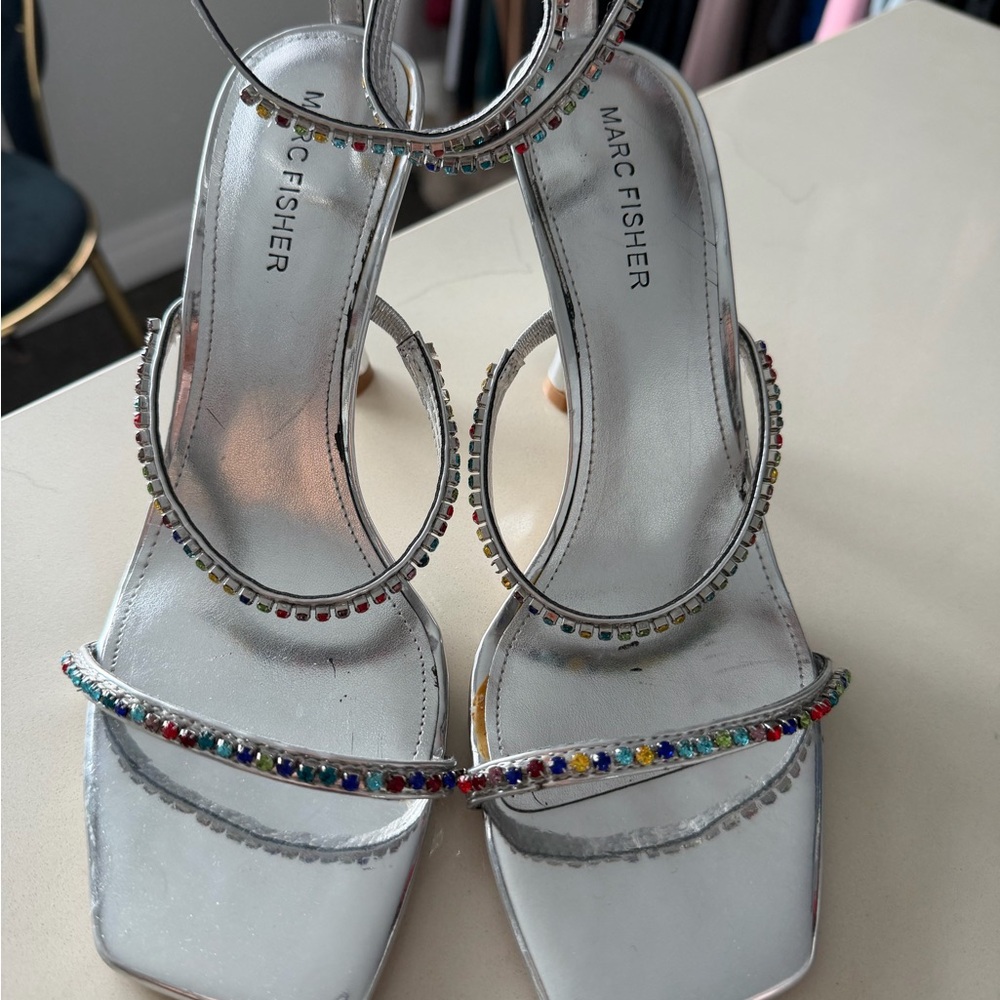 NEW Marc Fisher Silver Heels with Colorful Gem Accents